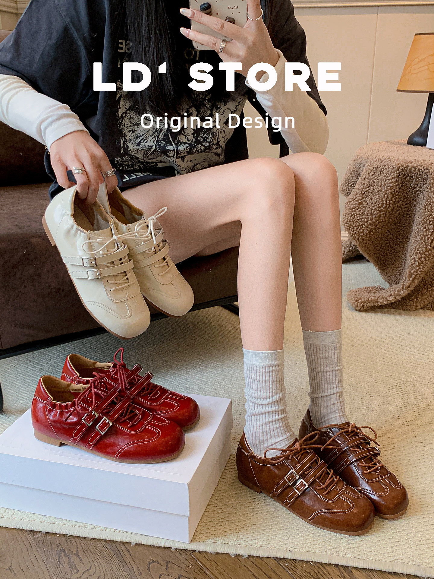 真皮~内增高芭蕾德训鞋女春方头系带休闲阿甘鞋红色运动玛丽珍鞋主图