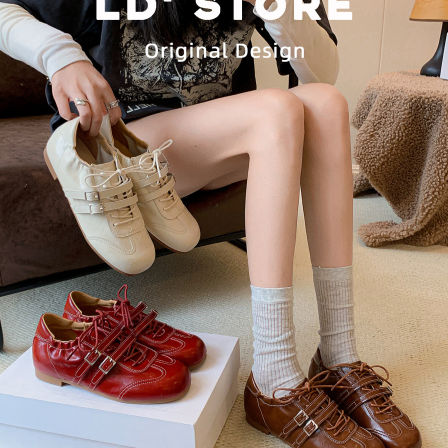 真皮~内增高芭蕾德训鞋女春方头系带休闲阿甘鞋红色运动玛丽珍鞋