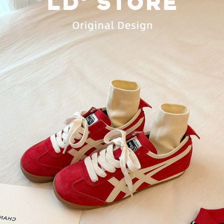 牛皮版~复古红色内增高德训鞋女2026新款春季平底运动休闲阿甘鞋