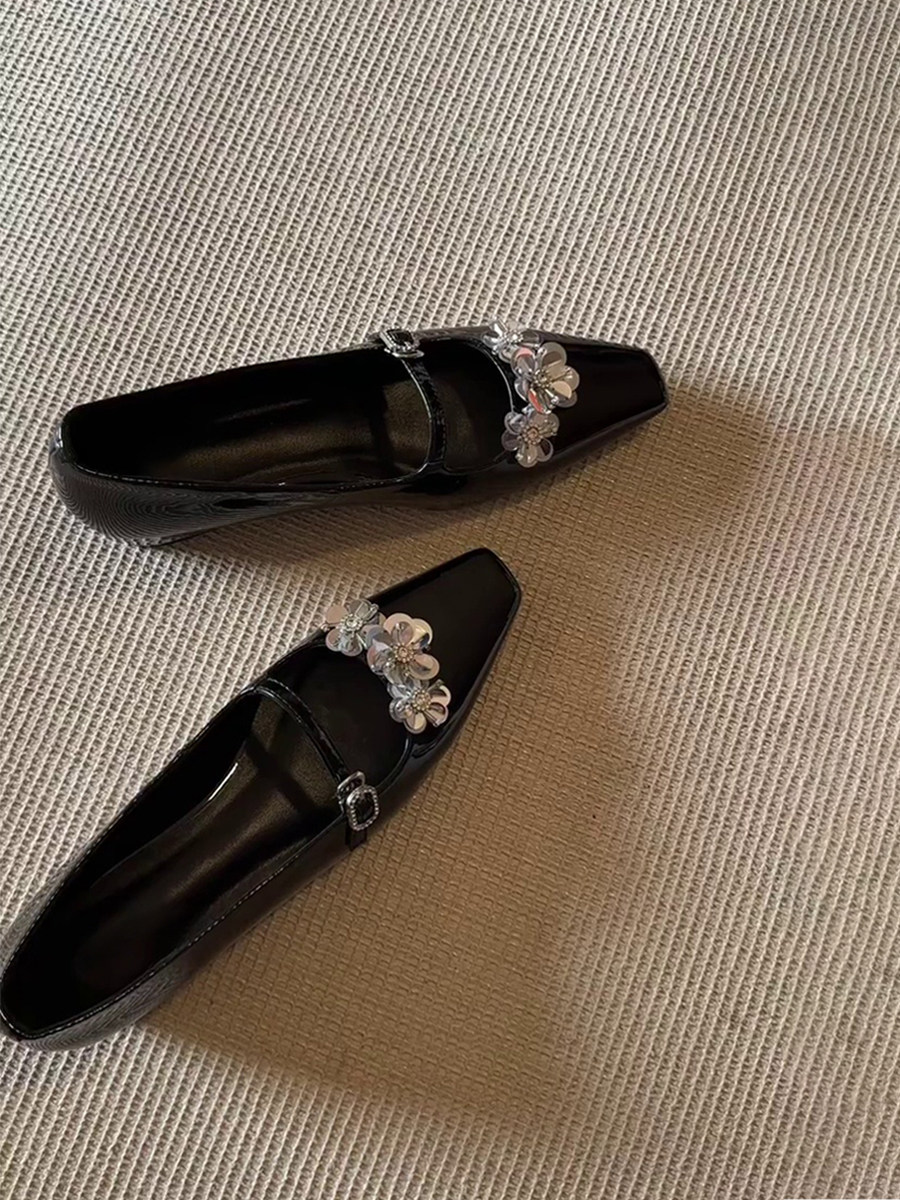 羊皮版~方头气质花朵内增高单鞋浅口一字扣法式晚晚风玛丽珍鞋女主图