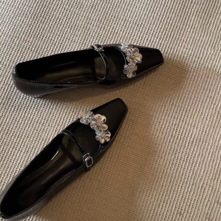 羊皮版~方头气质花朵内增高单鞋浅口一字扣法式晚晚风玛丽珍鞋女