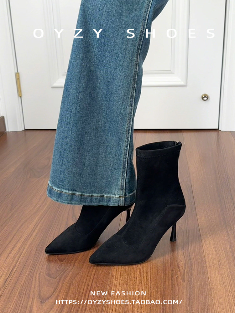 韩版尖头细跟短靴女冬季黑色百搭瘦瘦靴后拉链时装靴绒面高跟鞋女主图