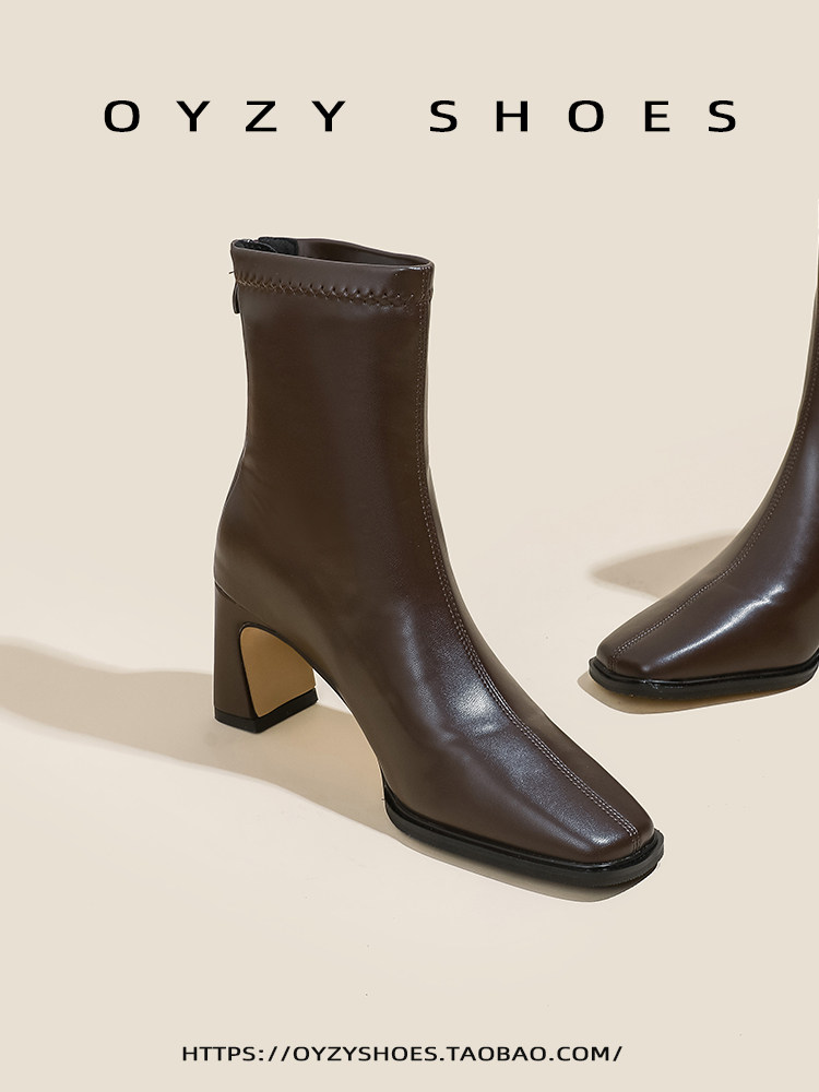 秋冬新款尖头高跟瘦瘦靴女法式粗跟复古后拉链软皮短靴弹力时装靴主图