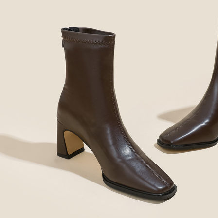 秋冬新款尖头高跟瘦瘦靴女法式粗跟复古后拉链软皮短靴弹力时装靴