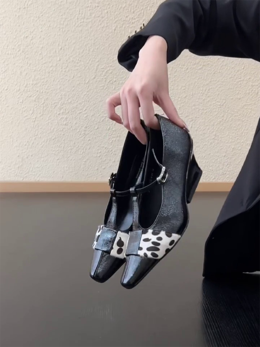 羊皮版~小众设计方头丁字带时尚高级感坡跟显腿长气质法式女单鞋主图