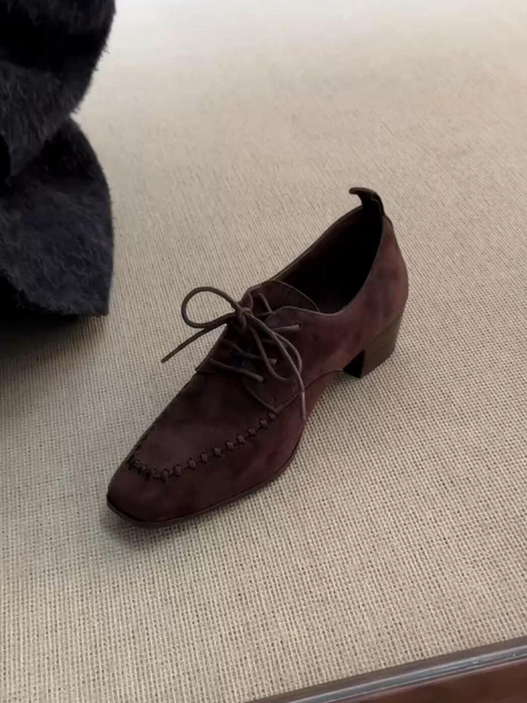 梨小七~复古风方头系带乐福鞋女真皮粗跟百搭气质粗跟通勤小皮鞋主图
