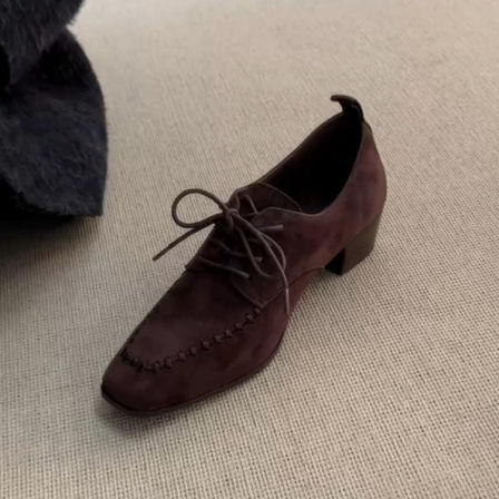 梨小七~复古风方头系带乐福鞋女真皮粗跟百搭气质粗跟通勤小皮鞋