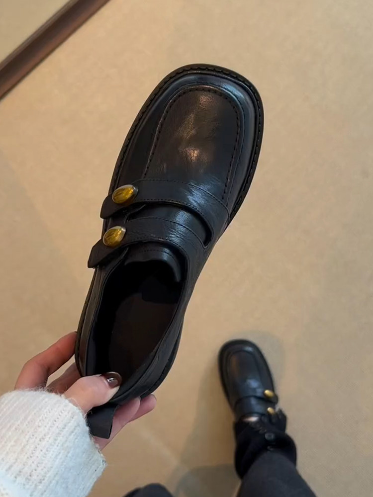 羊皮版~魔术贴休闲百搭深口小皮鞋女英伦风时尚小金豆外穿乐福鞋主图