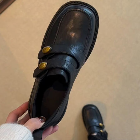 羊皮版~魔术贴休闲百搭深口小皮鞋女英伦风时尚小金豆外穿乐福鞋