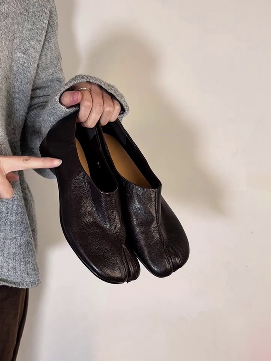 牛皮版~复古极简风分趾鞋深口一脚蹬粗跟英伦风乐福鞋女通勤单鞋主图