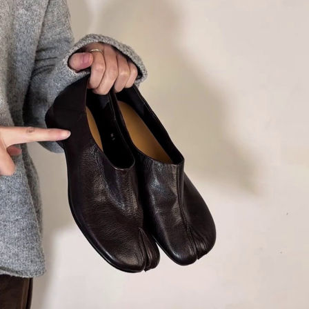 牛皮版~复古极简风分趾鞋深口一脚蹬粗跟英伦风乐福鞋女通勤单鞋