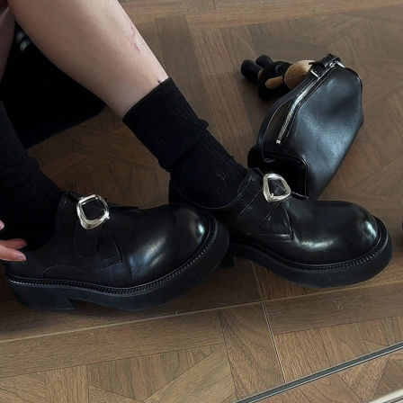 牛皮版~英伦风复古圆头金属扣小皮鞋一脚蹬学院风厚底乐福单鞋女