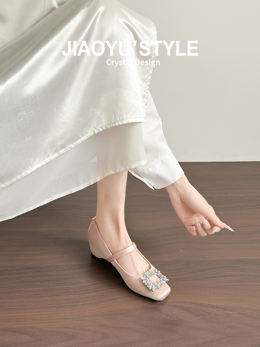 真皮~骄屿法式水钻方扣高跟鞋女浅口内增高玛丽珍鞋方头裸色单鞋主图