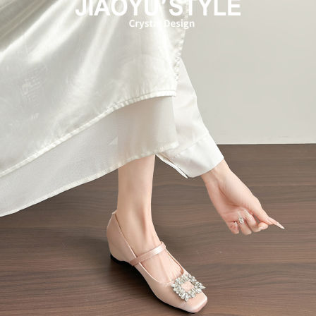 真皮~骄屿法式水钻方扣高跟鞋女浅口内增高玛丽珍鞋方头裸色单鞋