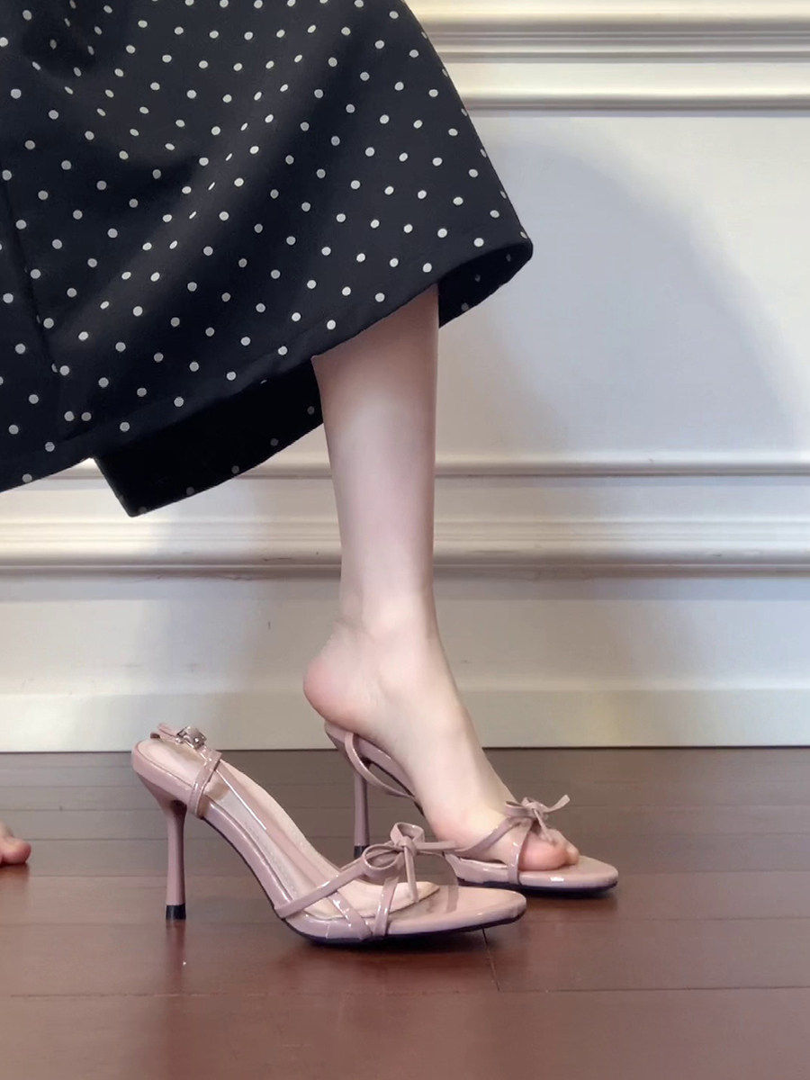 Wheat house ~！法式仙女蝴蝶结高跟鞋女细跟一字带气质露趾凉鞋主图
