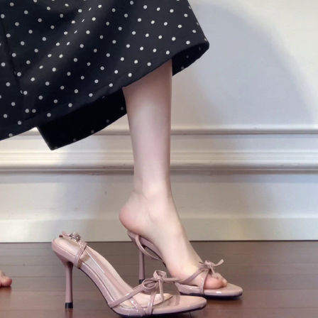 Wheat house ~！法式仙女蝴蝶结高跟鞋女细跟一字带气质露趾凉鞋