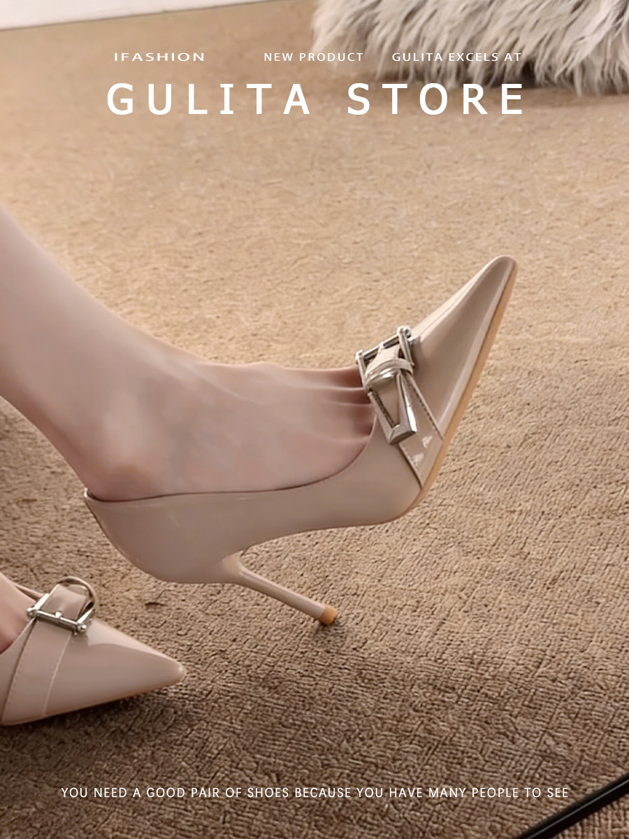 古莉塔2026尖头高跟鞋女细跟不累脚气质绝美漆皮裸色浅口法式单鞋主图