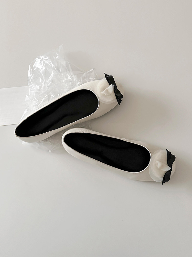 羊皮版~小众新款一脚蹬圆头单鞋女蝴蝶结花朵真皮简约平底芭蕾鞋主图