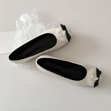 羊皮版~小众新款一脚蹬圆头单鞋女蝴蝶结花朵真皮简约平底芭蕾鞋