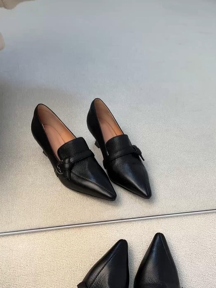 羊皮版~高跟小皮鞋女法式真皮一脚蹬单鞋百搭尖头气质优雅乐福鞋主图