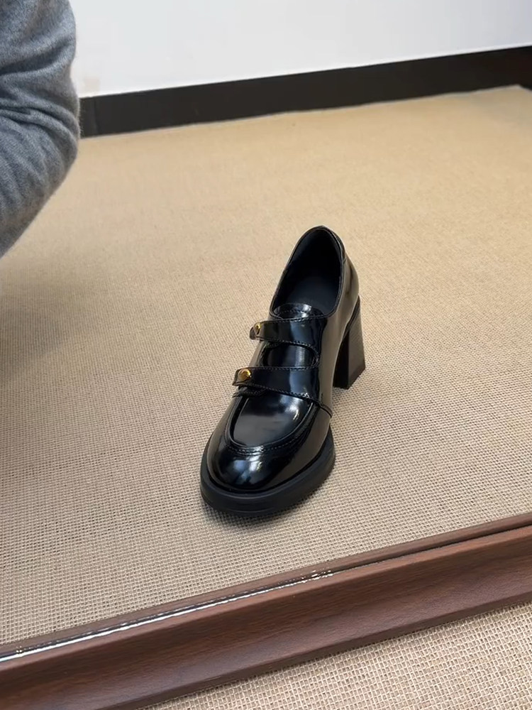 羊皮版~法式漆皮小个子高跟通勤乐福鞋女小金豆魔术贴深口小皮鞋主图