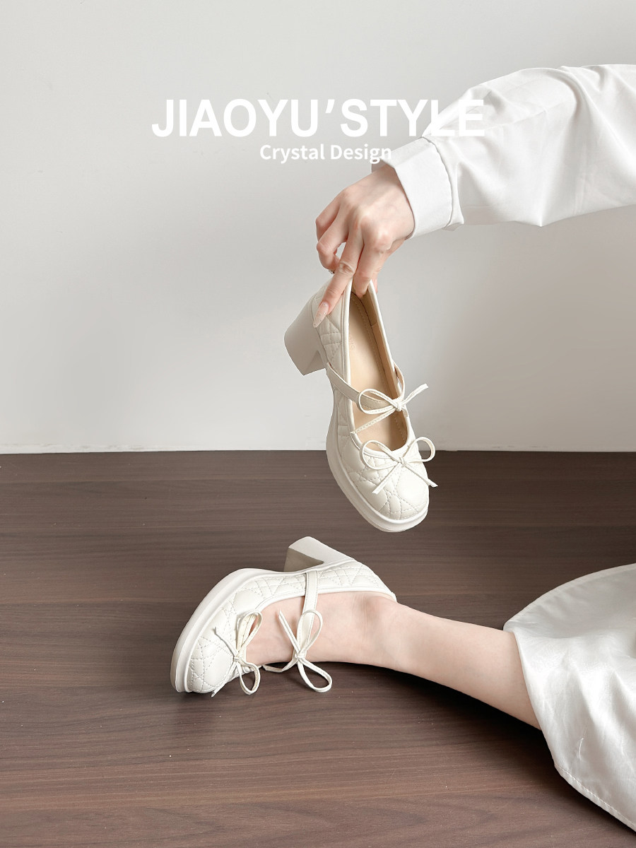 真皮~骄屿法式厚底玛丽珍高跟鞋女2026春新款百搭粗跟蝴蝶结单鞋主图