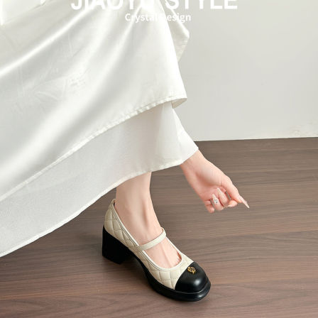 真皮~骄屿法式粗跟小香风单鞋女2026春新款气质厚底玛丽珍高跟鞋