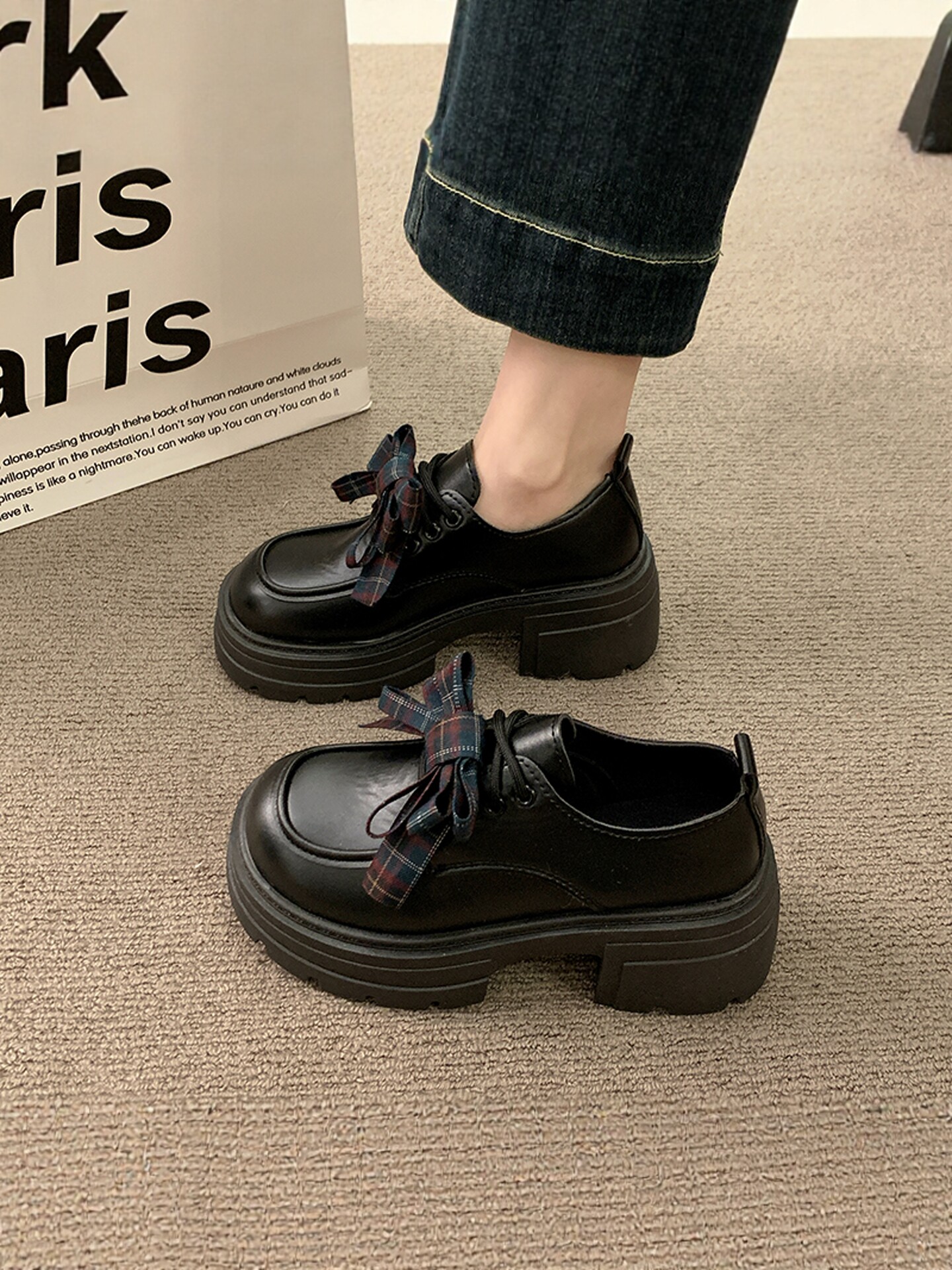 黑色小皮鞋女2026新款春爆款百搭厚底粗跟英伦风小个子增高乐福鞋主图