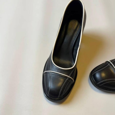 Wheat house ~！法式小众圆头浅口通勤高跟鞋女真皮拼色粗跟单鞋