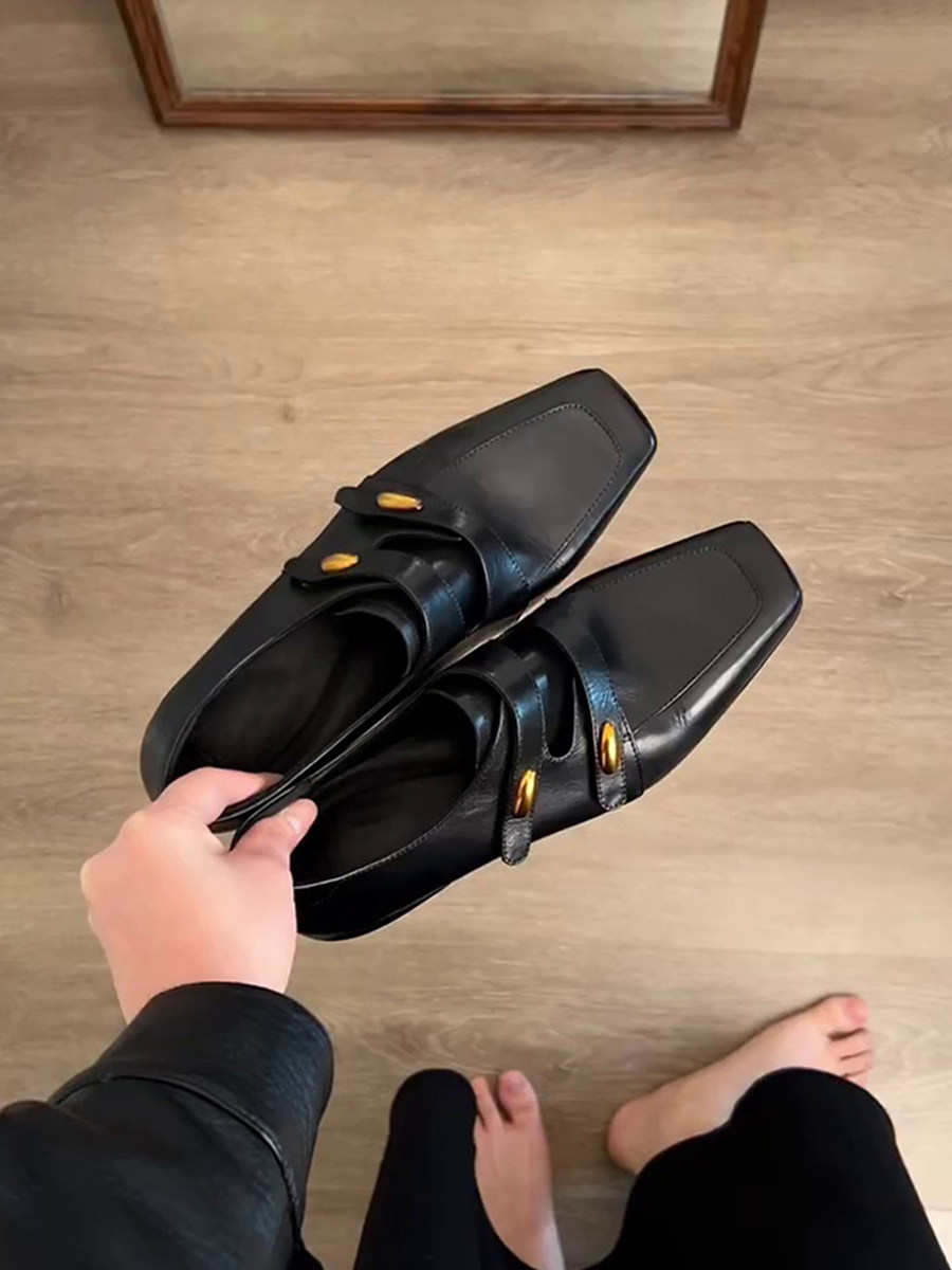 牛皮版~方头复古老钱风气质乐福鞋一脚蹬通勤金属扣低跟小皮鞋女主图