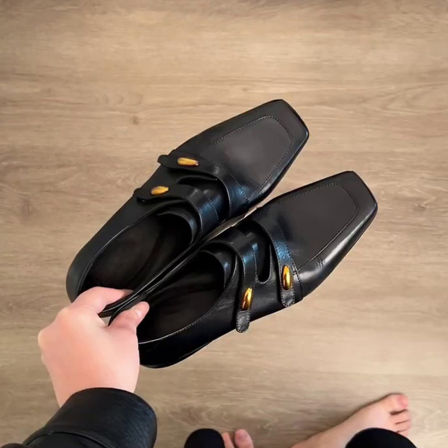 牛皮版~方头复古老钱风气质乐福鞋一脚蹬通勤金属扣低跟小皮鞋女