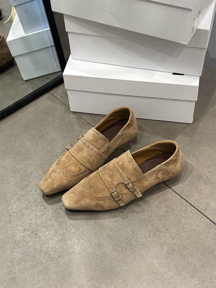 羊皮版~时髦小众老钱风时尚绒面乐福鞋女一脚蹬平底布洛克小皮鞋主图