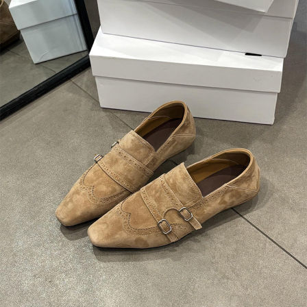 羊皮版~时髦小众老钱风时尚绒面乐福鞋女一脚蹬平底布洛克小皮鞋