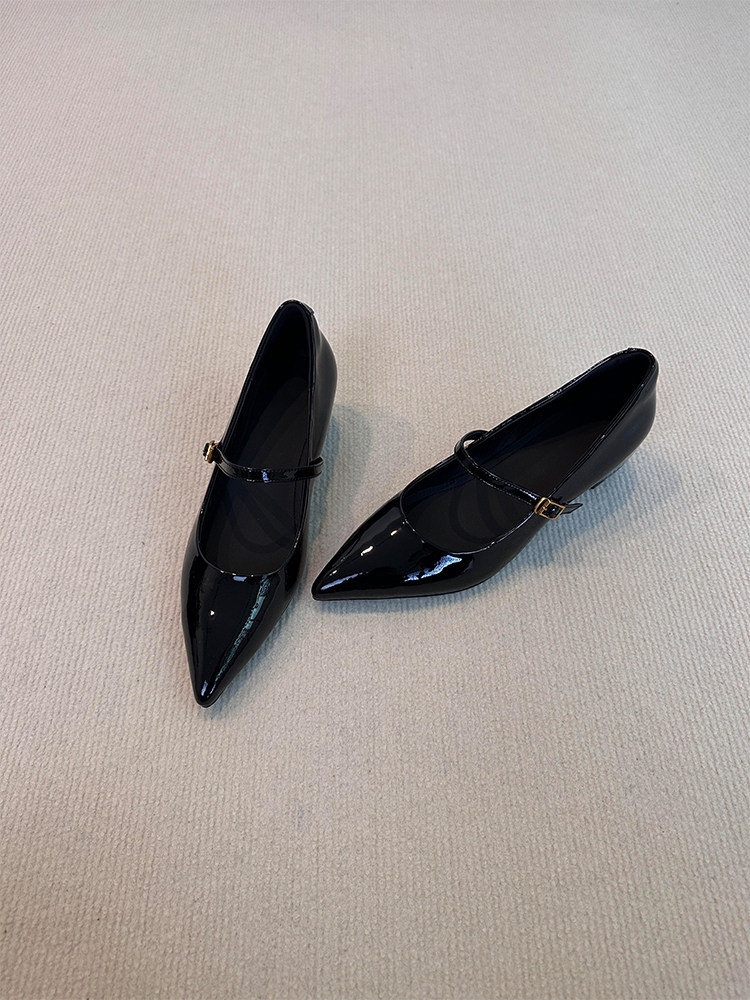 羊皮版~小个子时尚内增高一字带玛丽珍鞋女漆皮复古尖头显瘦单鞋主图