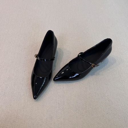 羊皮版~小个子时尚内增高一字带玛丽珍鞋女漆皮复古尖头显瘦单鞋