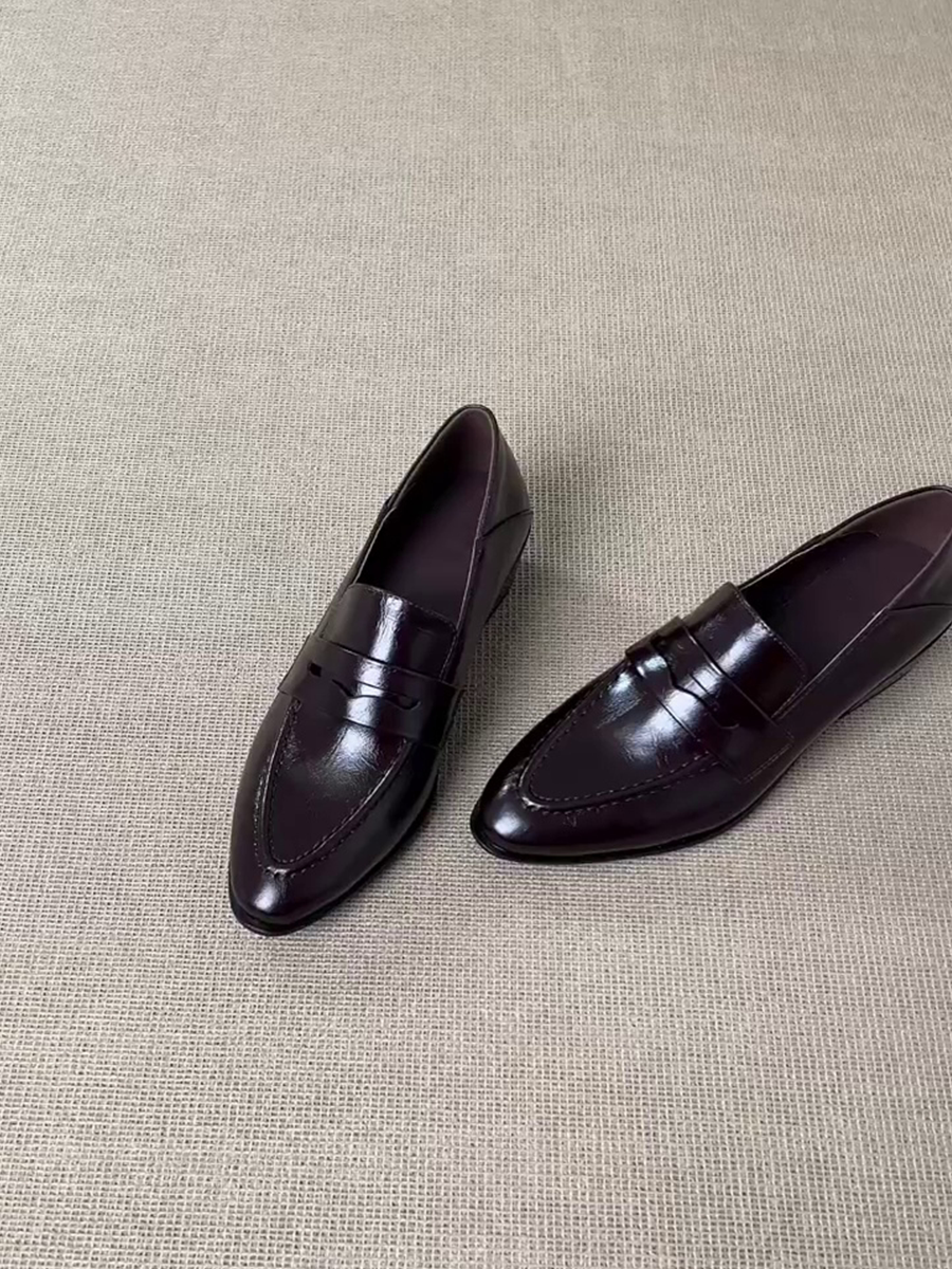 羊皮版~深口单鞋尖头乐福鞋粗跟法式气质优雅英伦风一脚蹬小皮鞋主图