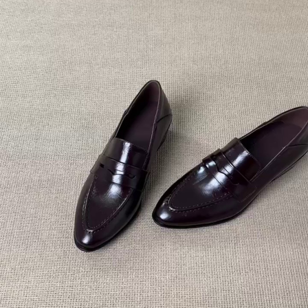 羊皮版~深口单鞋尖头乐福鞋粗跟法式气质优雅英伦风一脚蹬小皮鞋