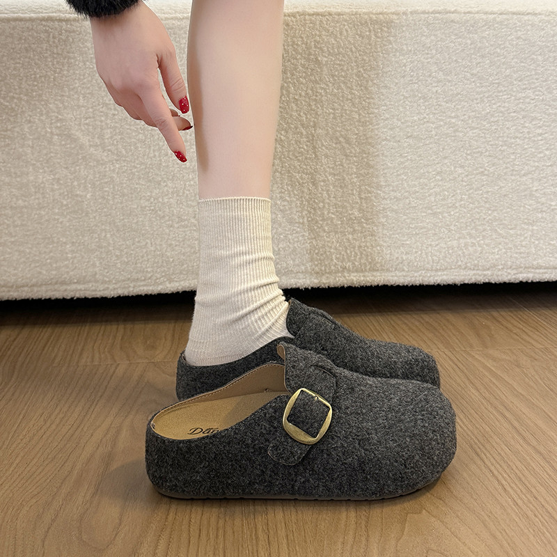 灰色毛毡勃肯鞋包头半拖鞋女外穿2026新款春季内增高厚底博肯凉拖主图
