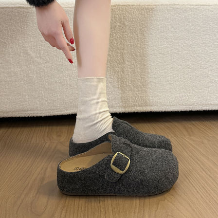 灰色毛毡勃肯鞋包头半拖鞋女外穿2026新款春季内增高厚底博肯凉拖