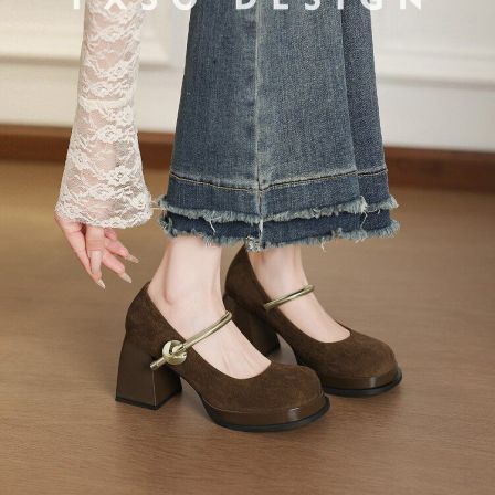 羊皮【方巷大叔】2026春季新款玛丽珍鞋圆头粗跟增高复古单鞋女款