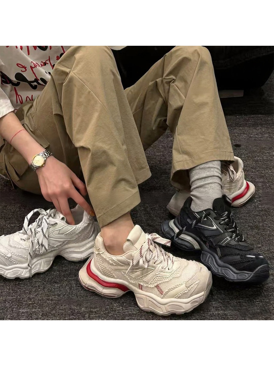 牛皮版~厚底增高老爹鞋百搭透气跑步鞋复古做旧系带休闲运动鞋女主图