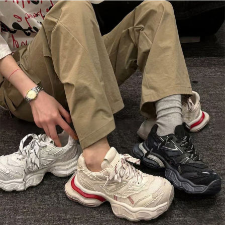 牛皮版~厚底增高老爹鞋百搭透气跑步鞋复古做旧系带休闲运动鞋女