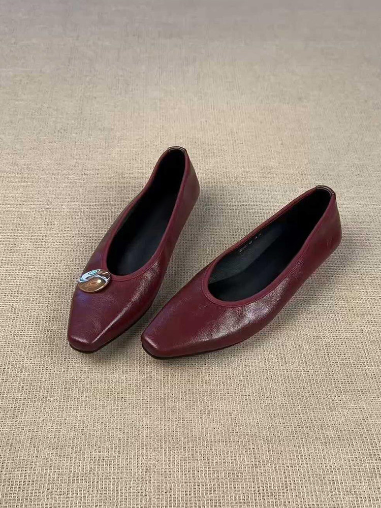 羊皮版~暴走软底舒适平底鞋女简约方头金属真皮通勤单鞋百搭复古主图
