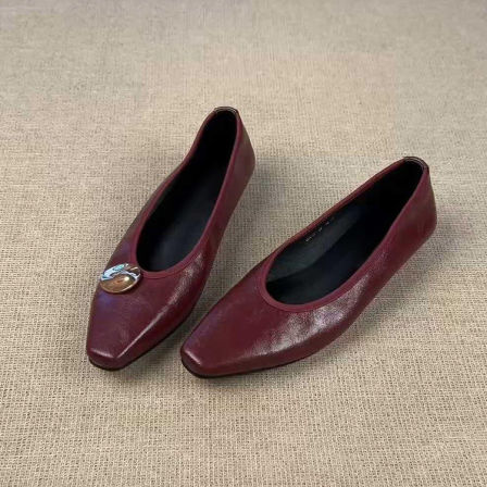 羊皮版~暴走软底舒适平底鞋女简约方头金属真皮通勤单鞋百搭复古