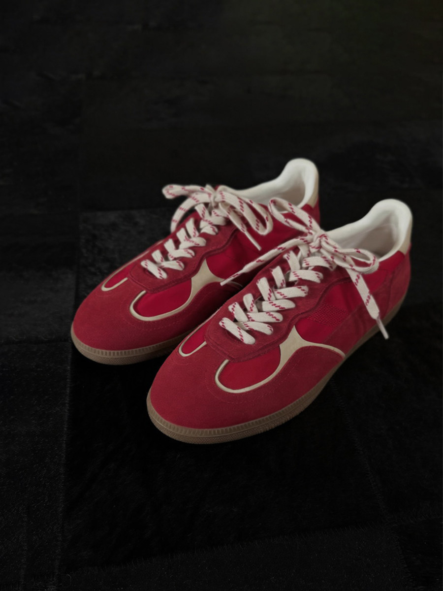 牛皮版~厚底红色德训鞋圆头复古风撞色系带板鞋女百搭休闲运动鞋主图