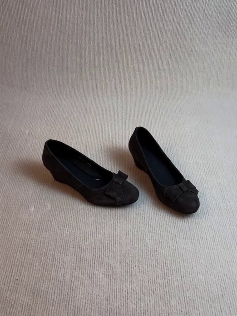 羊皮版~圆头蝴蝶结设计坡跟小众韩版小个子显瘦显腿长防滑玛丽珍主图