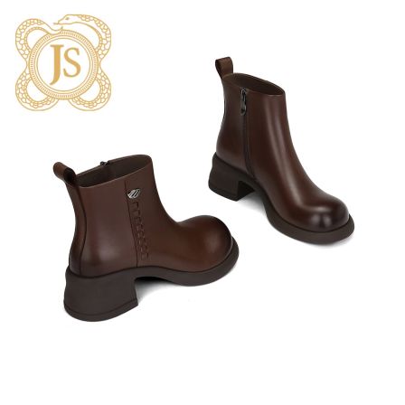 已开价，2122X8596复古休闲真皮厚底百搭时尚欧美圆头粗跟时装靴