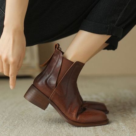 4.5cm时尚百搭圆头英伦风粗跟短靴2023秋冬保暖复古个性切尔西靴