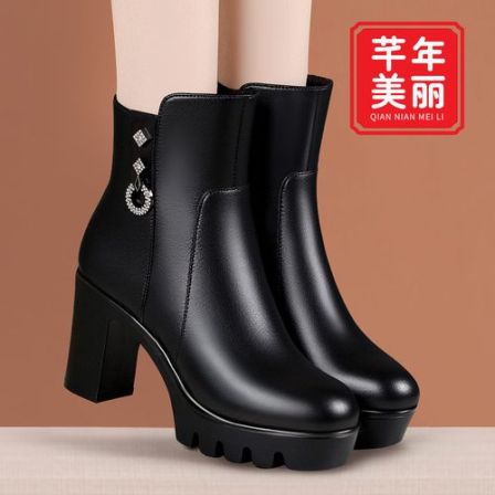 高跟厚底马丁靴女气质秋冬季新款加绒保暖粗跟短靴软底舒适妈妈靴