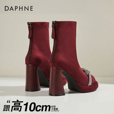 达芙妮短靴10cm增高小个子粗跟高跟鞋女瘦瘦冬季加绒弹力靴时装靴